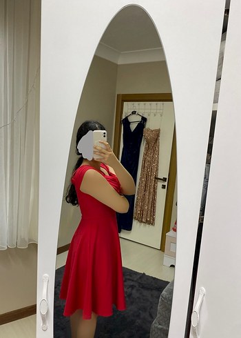 Kırmızı V Yakalı Midi Abiye Elbise - Görsel 2