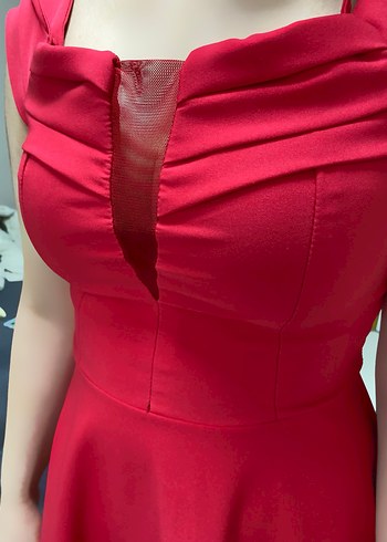 Kırmızı V Yakalı Midi Abiye Elbise - Görsel 3