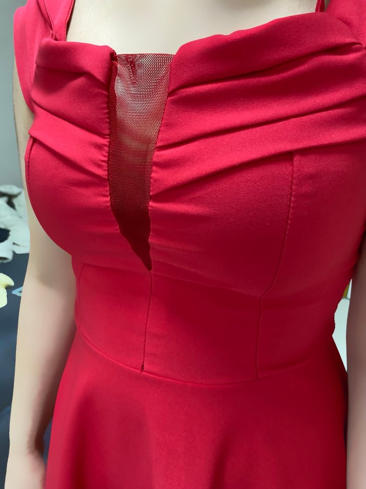 Kırmızı V Yakalı Midi Abiye Elbise - Görsel 3