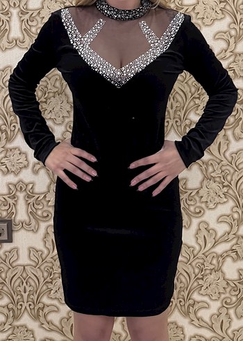 Siyah Payetli V Yakalı Elbise - Görsel 2