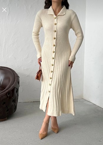 Bej Uzun Kollu Triko Elbise - Görsel 2