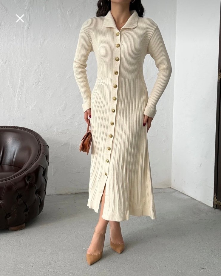 Bej Uzun Kollu Triko Elbise - Görsel 2