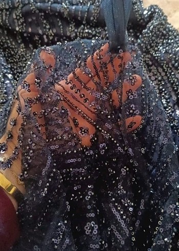 Lacivert Uzun Kollu Boncuk İşlemeli Abiye Elbise - Görsel 2