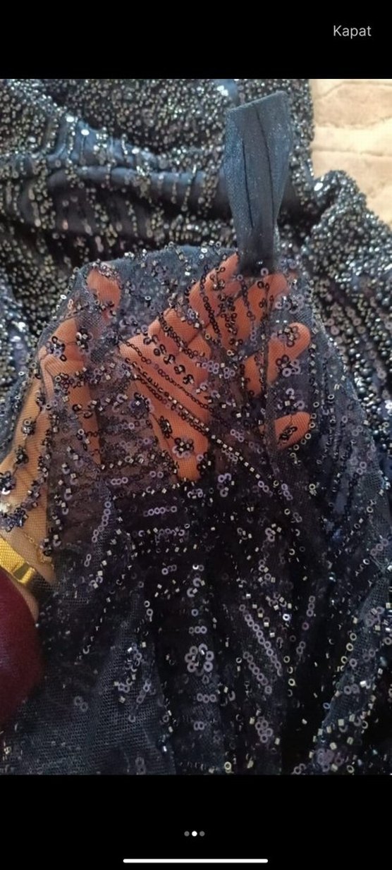 Lacivert Uzun Kollu Boncuk İşlemeli Abiye Elbise - Görsel 2