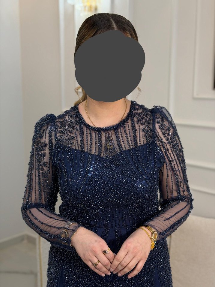 Lacivert Uzun Kollu Boncuk İşlemeli Abiye Elbise - Görsel 3