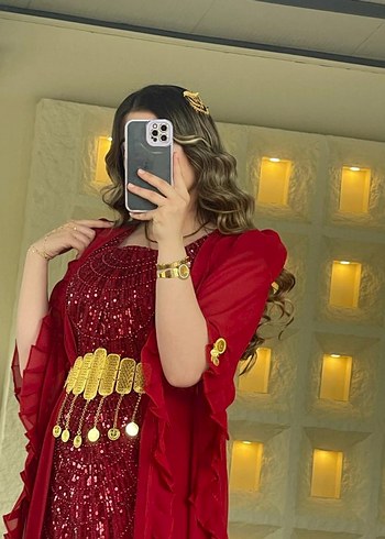 Uzun Kollu Kırmızı Drape Henna Elbise - Görsel 2