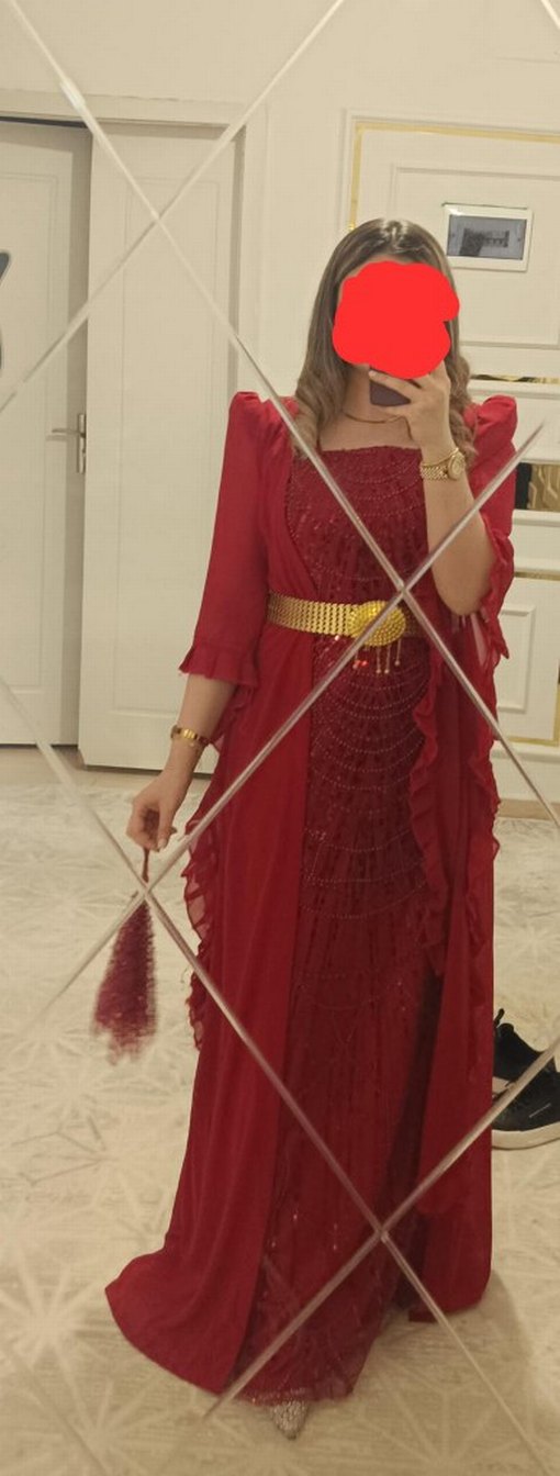 Uzun Kollu Kırmızı Drape Henna Elbise - Görsel 3