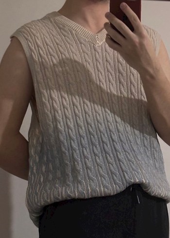 V Yaka Bej Örgü erkek Süveter - Görsel 2