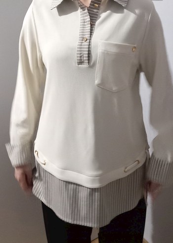 Gri Çizgili Detaylı Beyaz Kadın Gömlek - Görsel 3