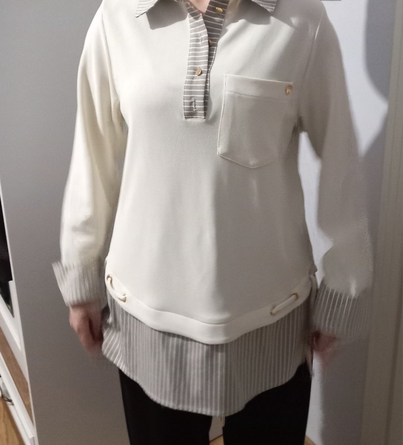 Gri Çizgili Detaylı Beyaz Kadın Gömlek - Görsel 3