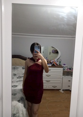 Bordo Drapeli Askılı Midi Elbise - Görsel 2