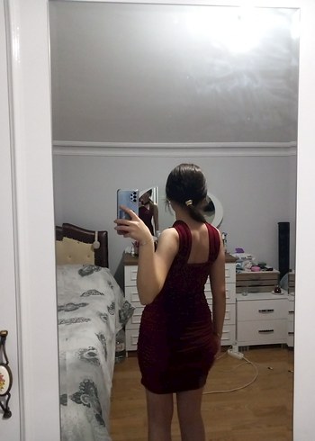 Bordo Drapeli Askılı Midi Elbise - Görsel 5