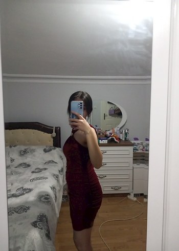 Bordo Drapeli Askılı Midi Elbise - Görsel 4