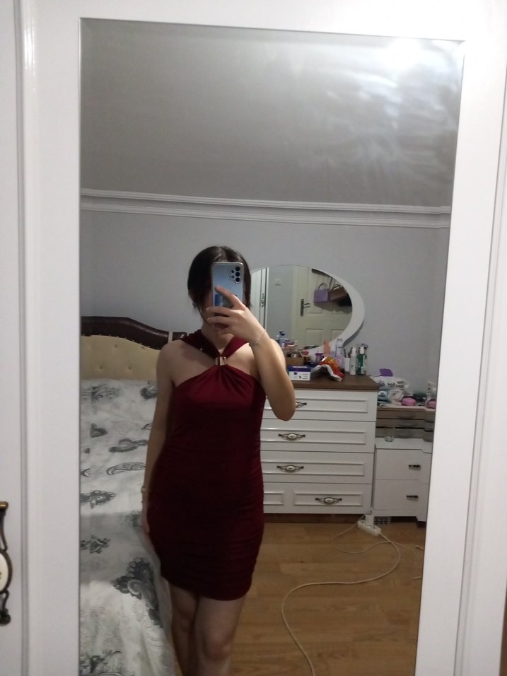 Bordo Drapeli Askılı Midi Elbise - Görsel 2