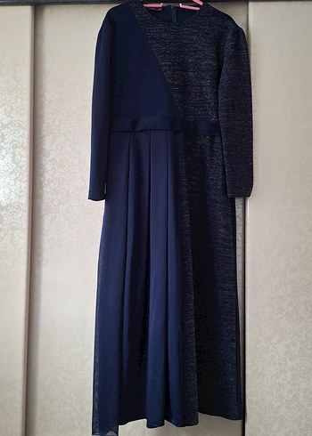 Lacivert Uzun Kollu Pilili Kadın Elbise - Görsel 2