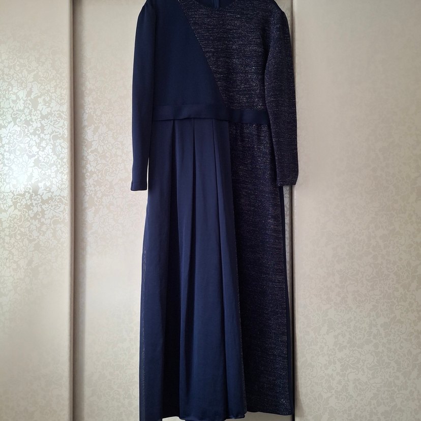 Lacivert Uzun Kollu Pilili Kadın Elbise - Görsel 4