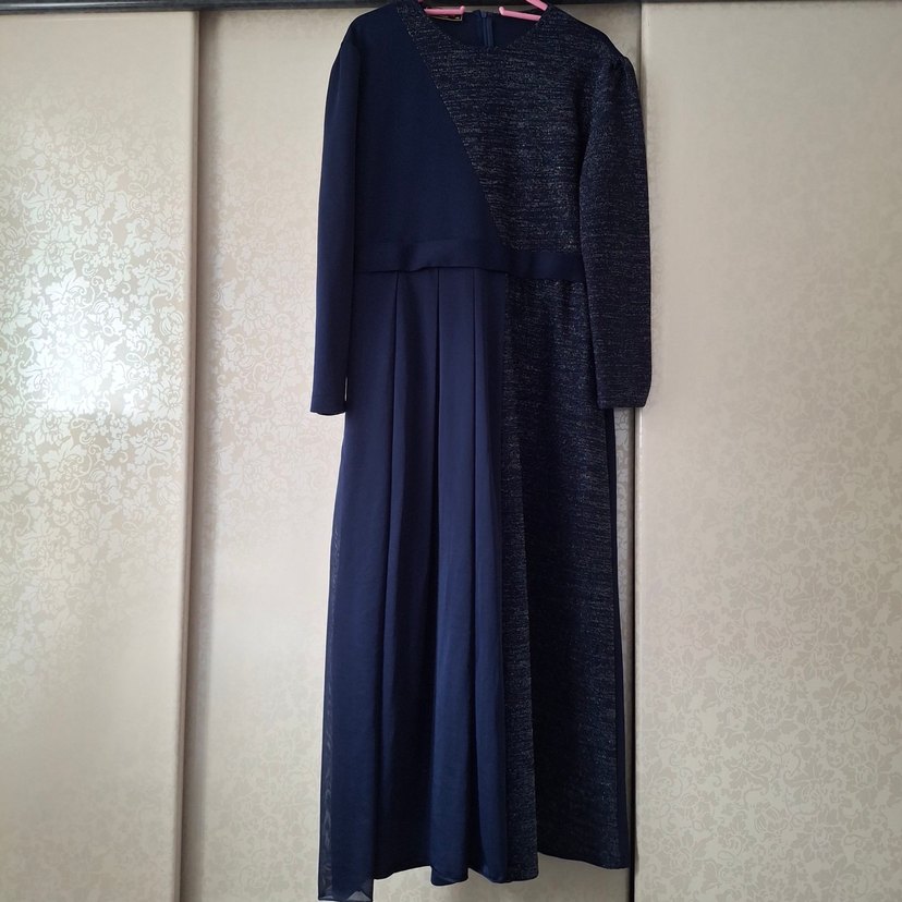 Lacivert Uzun Kollu Pilili Kadın Elbise - Görsel 2