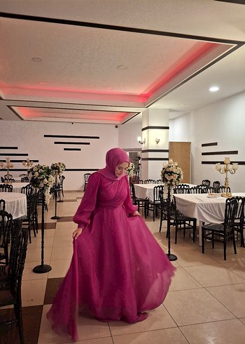 Fuşya Drapeli Uzun Abiye Elbise - Görsel 2