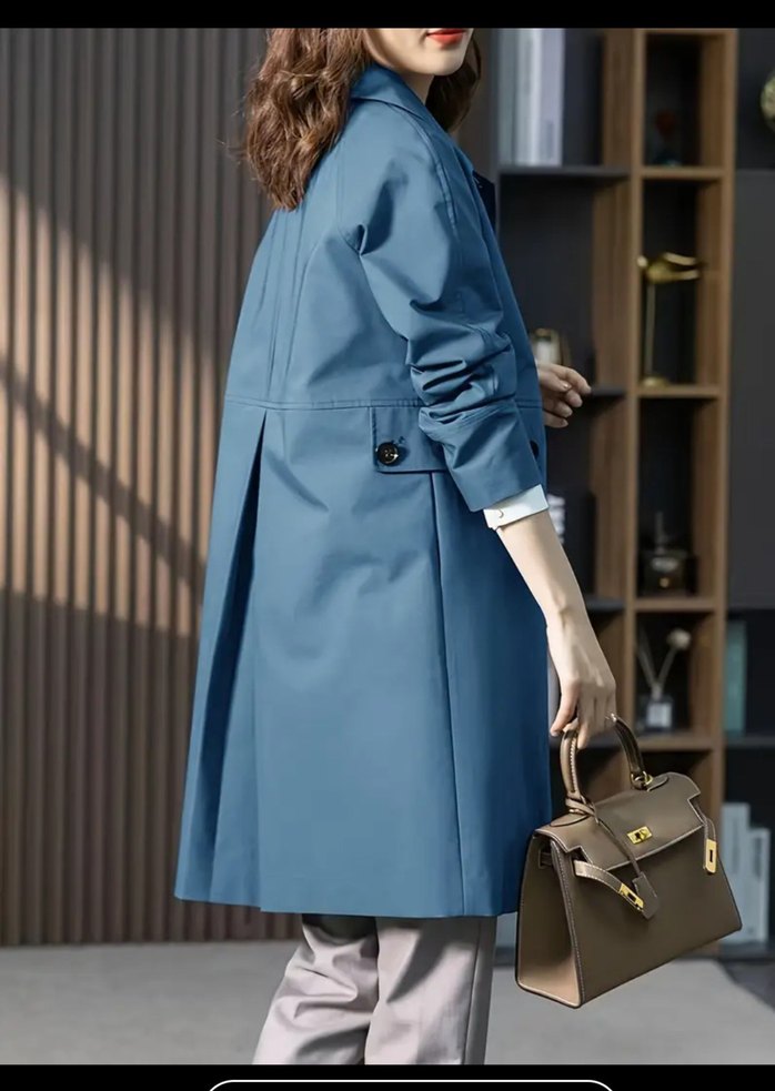 Düğmeli Uzun Mavi Kadın Trençkot - Görsel 2