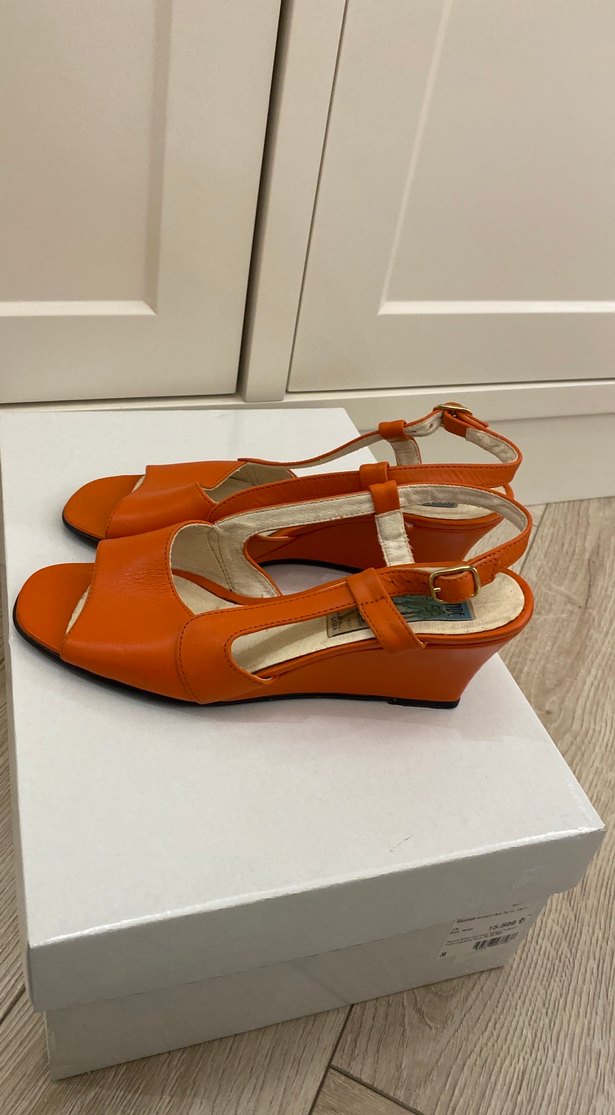 Turuncu Kadın Dolgu Topuklu Orjinal Vintage Sandalet - Görsel 4