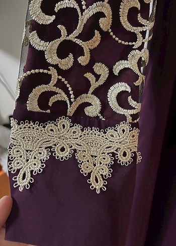 Bordo Dantel İşlemeli Uzun Kollu Abiye Elbise - Görsel 4