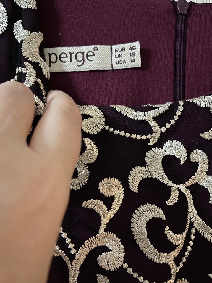 Bordo Dantel İşlemeli Uzun Kollu Abiye Elbise - Görsel 2