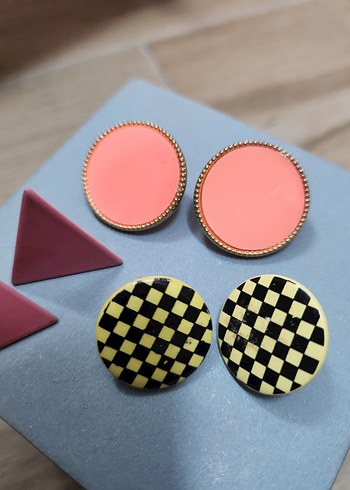 Pembe Mini Vintage Düğmeli Küpe Seti - Görsel 7