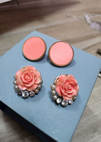 Pembe Mini Vintage Düğmeli Küpe Seti - Görsel 3