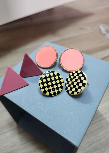 Pembe Mini Vintage Düğmeli Küpe Seti - Görsel 8