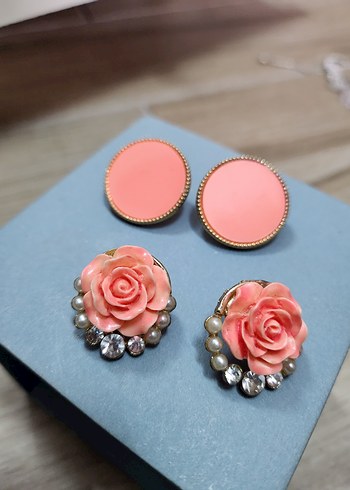 Pembe Mini Vintage Düğmeli Küpe Seti - Görsel 2