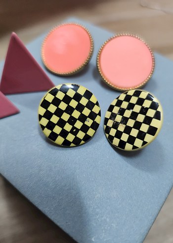 Pembe Mini Vintage Düğmeli Küpe Seti - Görsel 6