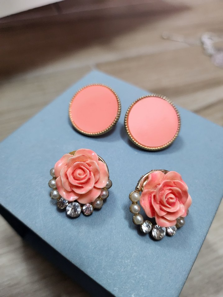 Pembe Mini Vintage Düğmeli Küpe Seti - Görsel 2