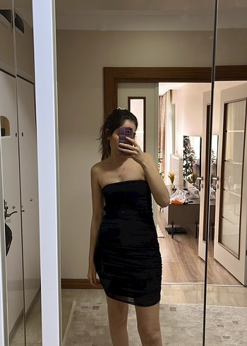 Koton Siyah Straplez Drapeli Mini Elbise - Görsel 3