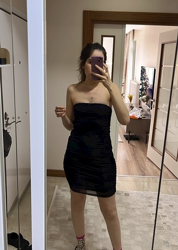 Koton Siyah Straplez Drapeli Mini Elbise - Görsel 2