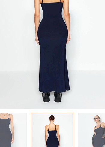 Lacivert İnce Askılı Uzun Elbise - Görsel 2