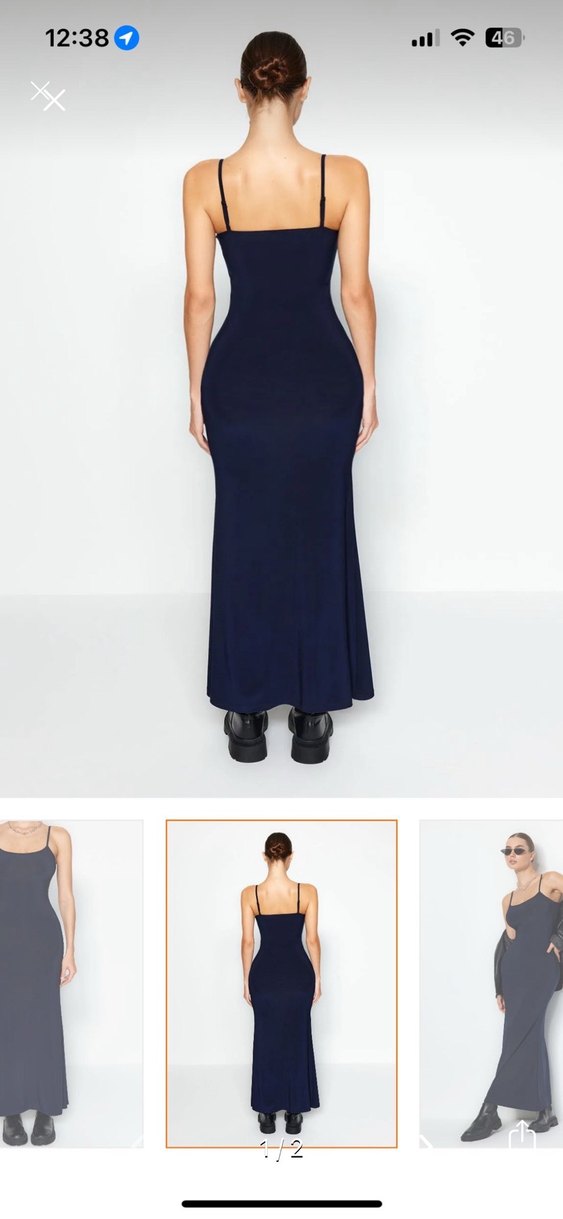 Lacivert İnce Askılı Uzun Elbise - Görsel 2