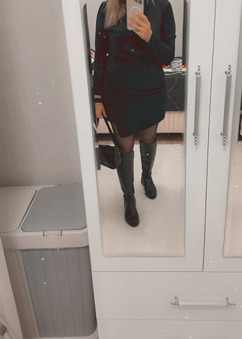 Uzun Kollu Siyah Drapeli Kalem Elbise - Görsel 2