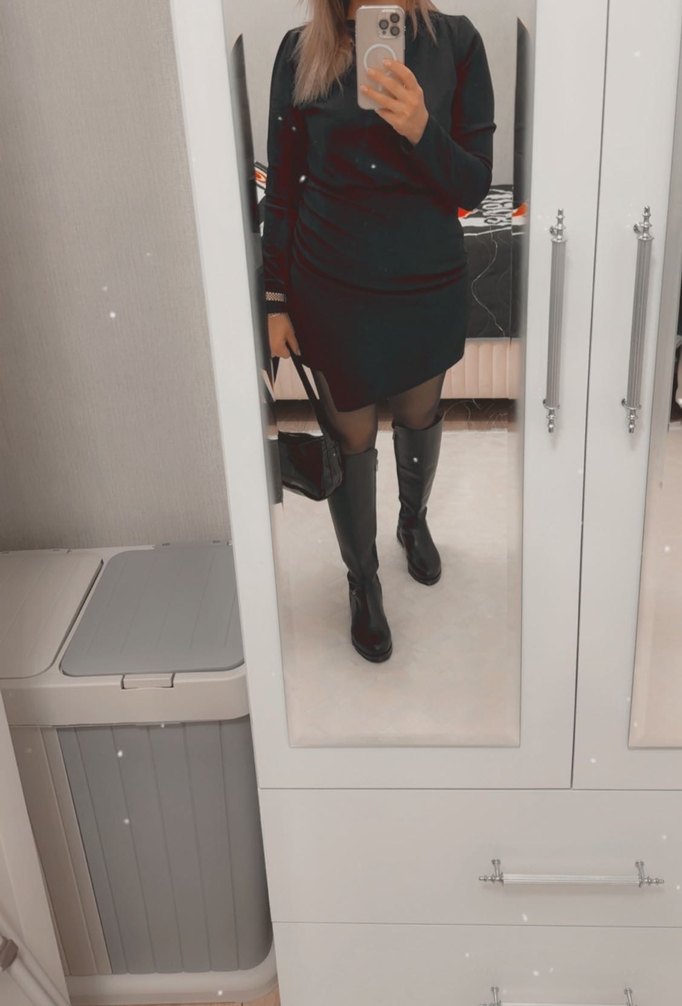 Uzun Kollu Siyah Drapeli Kalem Elbise - Görsel 2