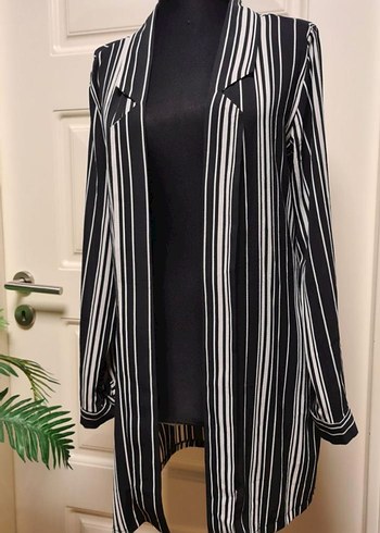 Çizgili Siyah Kadın Uzun Mevsimlik Ceket - Görsel 3