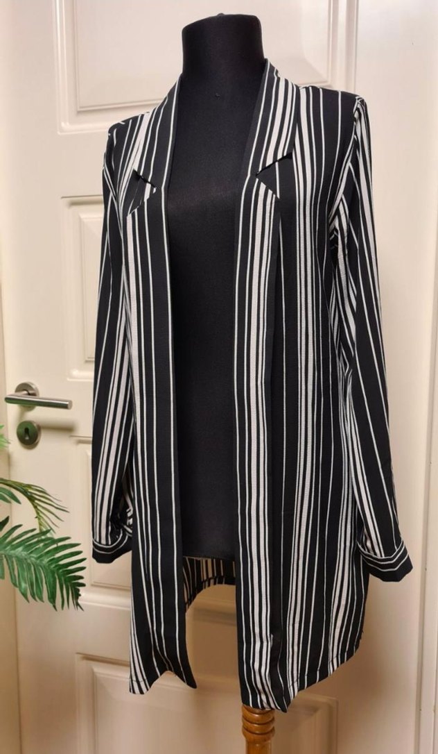 Çizgili Siyah Kadın Uzun Mevsimlik Ceket - Görsel 3