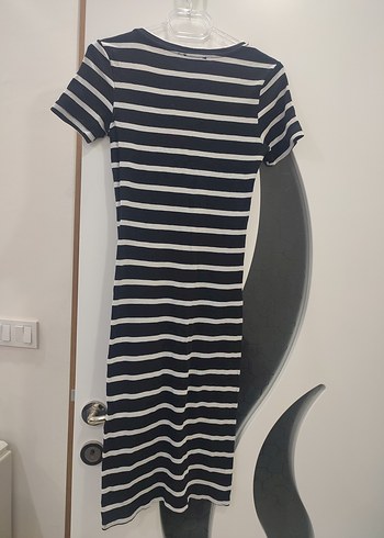 Kadın Siyah Çizgili Kısa Kollu Midi Elbise - Görsel 2