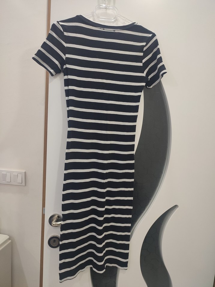 Kadın Siyah Çizgili Kısa Kollu Midi Elbise - Görsel 2