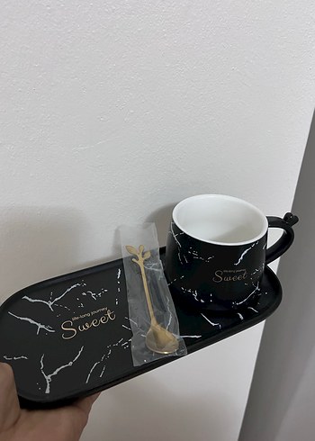 Siyah Mermer Desenli Fincan ve Tabak Seti - Görsel 2