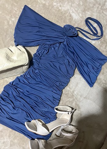 Drapeli Straplez Mini Mavi Elbise - Görsel 3