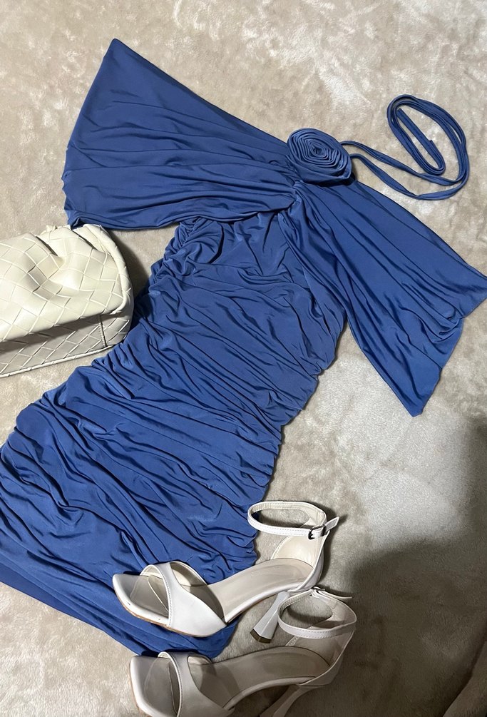 Drapeli Straplez Mini Mavi Elbise - Görsel 3