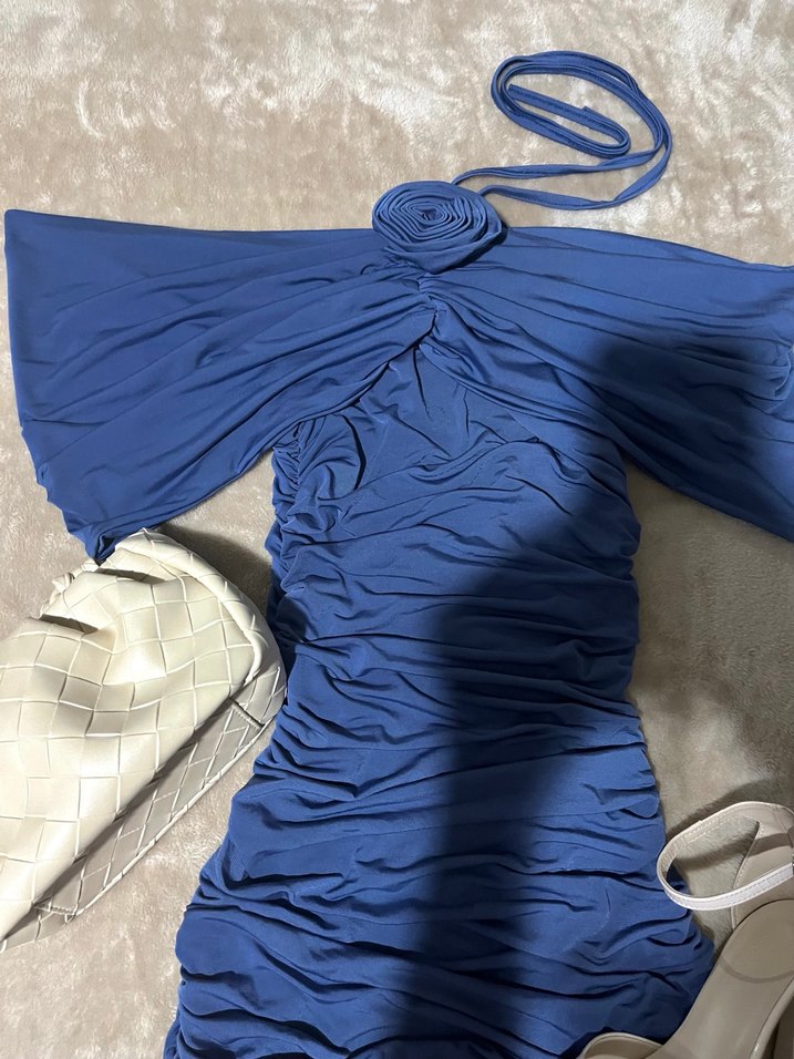 Drapeli Straplez Mini Mavi Elbise - Görsel 2