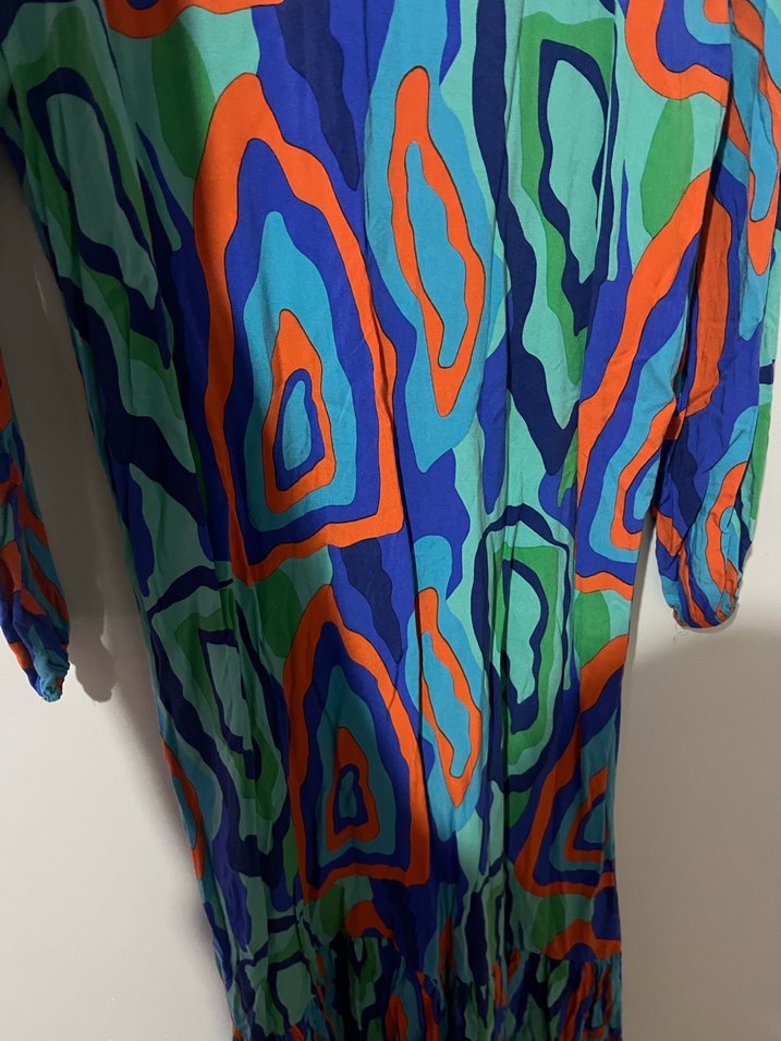 Renkli Bağlama Desenli Uzun Kollu Elbise - Görsel 3