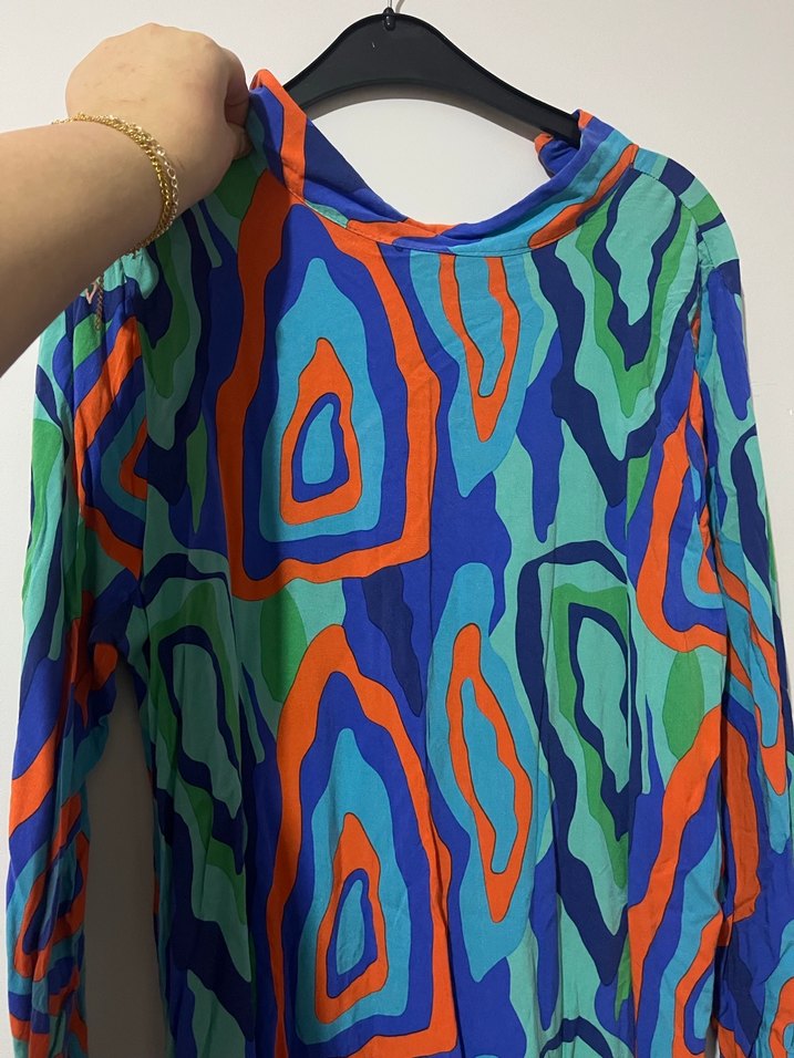 Renkli Bağlama Desenli Uzun Kollu Elbise - Görsel 2