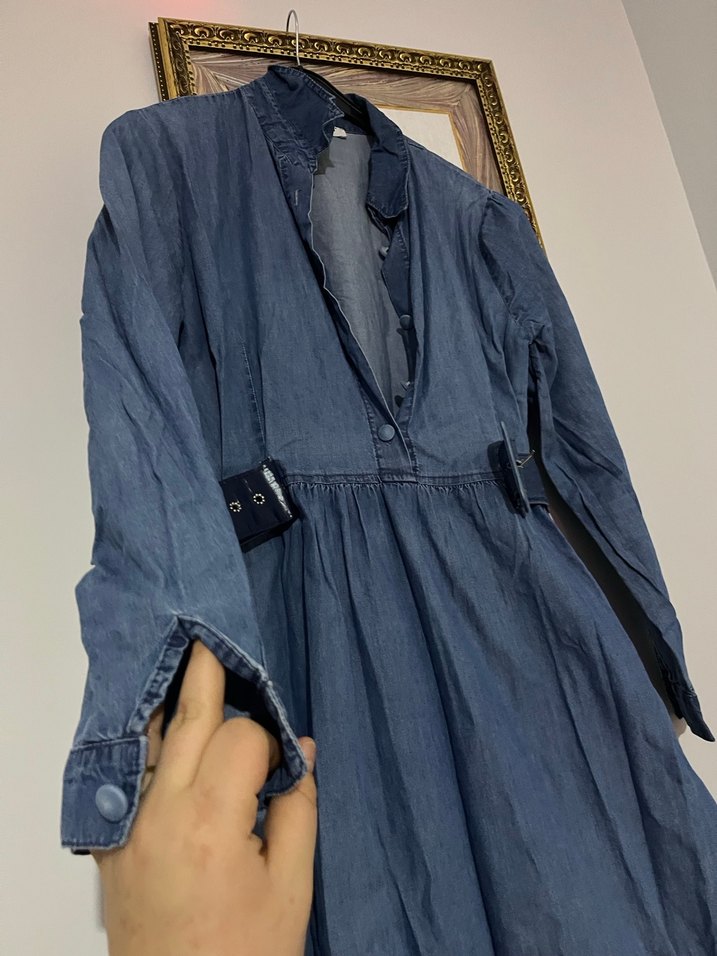 Kadın Mavi Uzun Kot Elbise - Görsel 3