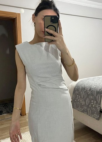 Gri  Kolsuz Midi Keten Elbise - Görsel 2